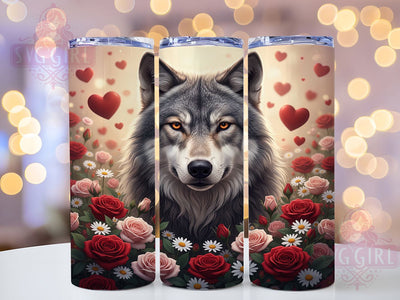 Floral Valentine Wolf Tumbler, Floral Wolf Wrap, Romantic Animal Cup, 20oz Sublimation Wrap, Stylish Valentine Design Tumbler, Artistic Wolf Heart Cup, Love Nature Theme Wrap Sublimation SvggirlplusArt 