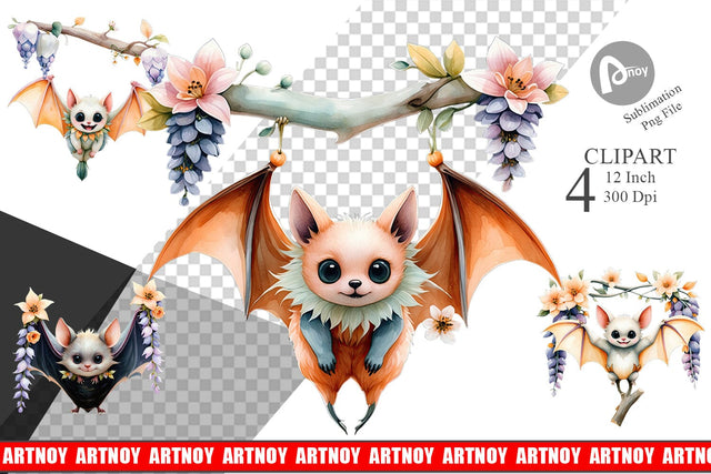 Floral Vampire Bat Watercolor Clipart Sublimation artnoy 