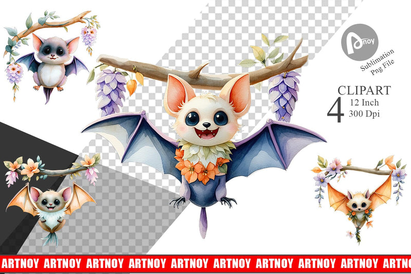 Floral Vampire Bat Watercolor Clipart Sublimation artnoy 