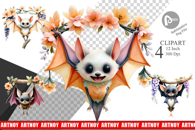 Floral Vampire Bat Watercolor Clipart Sublimation artnoy 