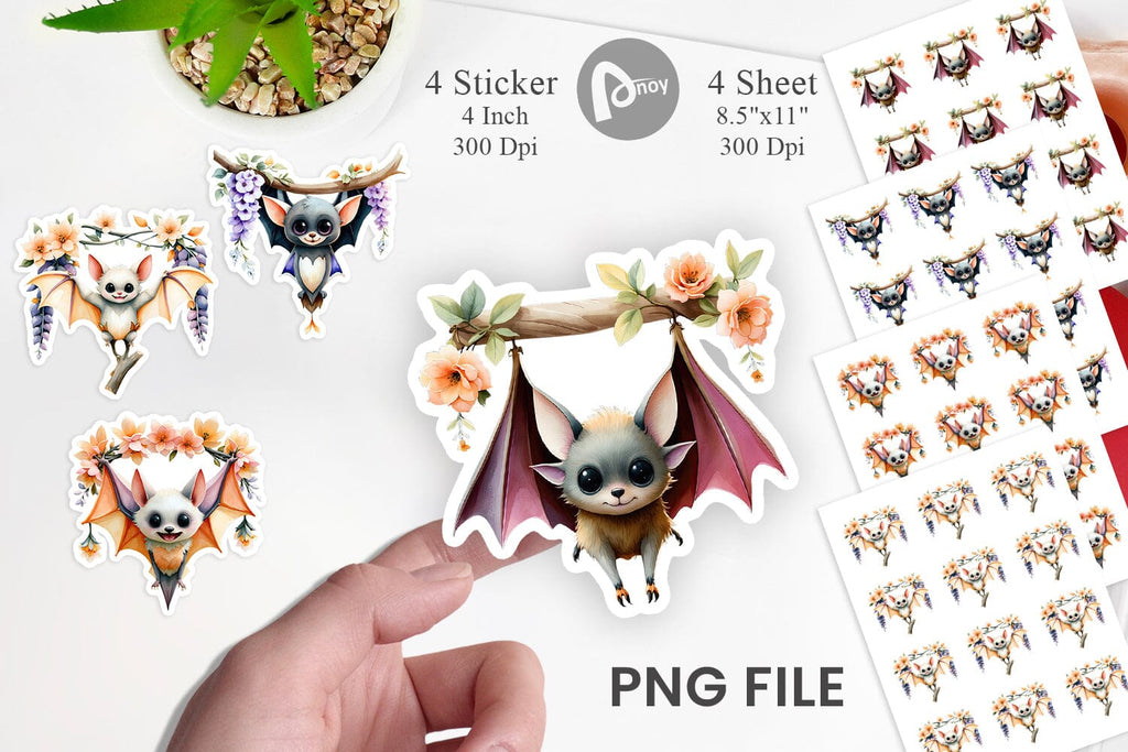 Floral Vampire Bat Watercolor Sticker - So Fontsy