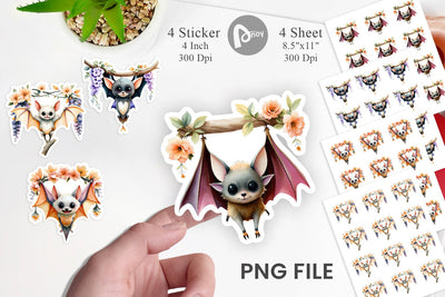 Floral Vampire Bat Watercolor Sticker Sublimation artnoy 