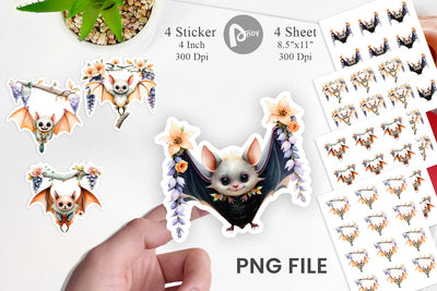 Floral Vampire Bat Watercolor Sticker Sublimation artnoy 