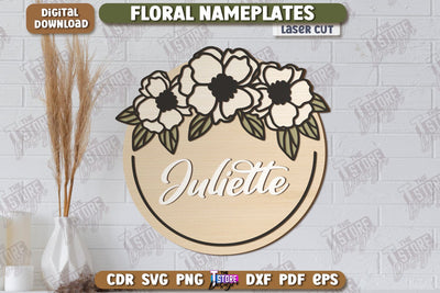 Floral Wall Nameplate Laser Cut | Name Plate Sign | Personalized Name Plate | Wall Décor | CNC File SVG The T Store Design 
