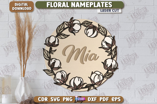 Floral Wall Nameplate Laser Cut | Name Plate Sign | Personalized Name Plate | Wall Décor | CNC File SVG The T Store Design 