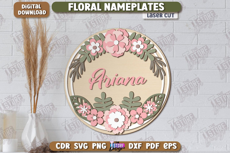 Floral Wall Nameplate Laser Cut | Name Plate Sign | Personalized Name Plate | Wall Décor | CNC File SVG The T Store Design 