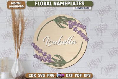 Floral Wall Nameplate Laser Cut | Name Plate Sign | Personalized Name Plate | Wall Décor | CNC File SVG The T Store Design 