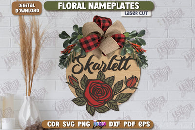 Floral Wall Nameplate Laser Cut | Name Plate Sign | Personalized Name Plate | Wall Décor | CNC File SVG The T Store Design 