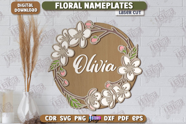 Floral Wall Nameplate Laser Cut | Name Plate Sign | Personalized Name Plate | Wall Décor | CNC File SVG The T Store Design 
