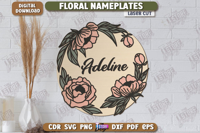Floral Wall Nameplate Laser Cut | Name Plate Sign | Personalized Name Plate | Wall Décor | CNC File SVG The T Store Design 