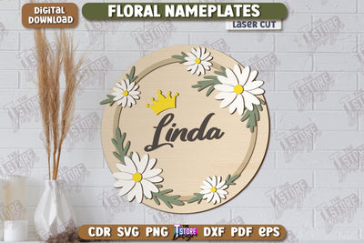 Floral Wall Nameplate Laser Cut | Name Plate Sign | Personalized Name Plate | Wall Décor | CNC File SVG The T Store Design 