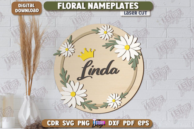 Floral Wall Nameplate Laser Cut | Name Plate Sign | Personalized Name Plate | Wall Décor | CNC File SVG The T Store Design 