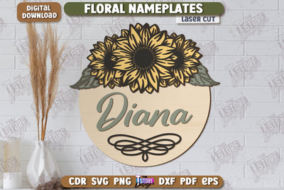 Floral Wall Nameplate Laser Cut | Name Plate Sign | Personalized Name Plate | Wall Décor | CNC File SVG The T Store Design 