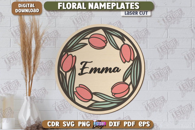 Floral Wall Nameplate Laser Cut | Name Plate Sign | Personalized Name Plate | Wall Décor | CNC File SVG The T Store Design 