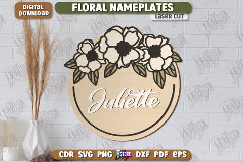 Floral Wall Nameplates Laser Cut Bundle | Name Plate Signs | Personalized Name Plates | Wall Décor | CNC Files SVG The T Store Design 