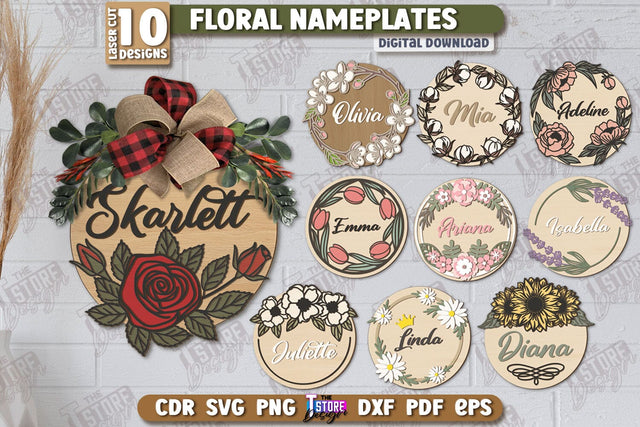 Floral Wall Nameplates Laser Cut Bundle | Name Plate Signs | Personalized Name Plates | Wall Décor | CNC Files SVG The T Store Design 