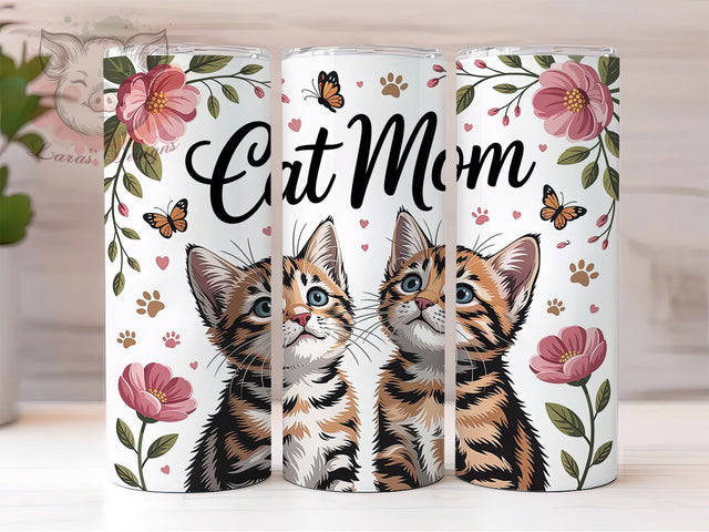 Floral Watercolor Cat Mom Tumbler, Floral Watercolor Cat Wrap, Cute Kitty Cup, 20oz Sublimation Wrap, Stylish Cat Design Tumbler, Artistic Watercolor Cat Cup, Pet Cat Lover Theme Wrap Sublimation Lara' s Designs 
