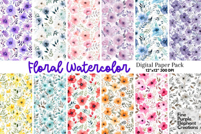Floral Watercolor Digital Paper | Pastel Flower Spring Backgrounds Digital Pattern Fine Purple Elephant Creations 