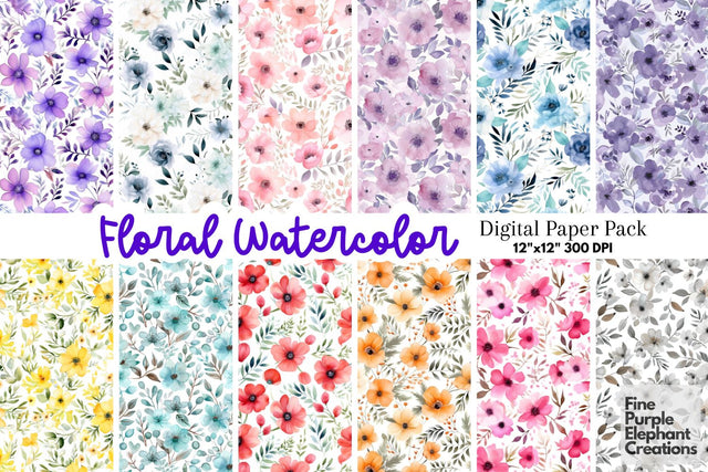 Floral Watercolor Digital Paper | Pastel Flower Spring Backgrounds Digital Pattern Fine Purple Elephant Creations 