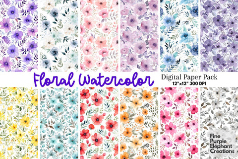 Floral Watercolor Digital Paper | Pastel Flower Spring Backgrounds Digital Pattern Fine Purple Elephant Creations 