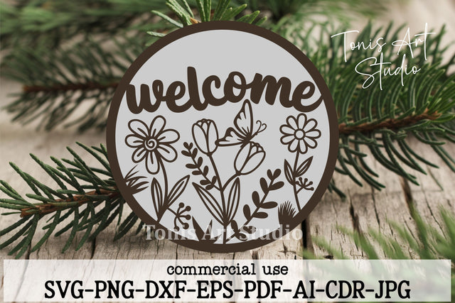 Floral Welcome Sign SVG | Laser Cut Door Hanger | Glowforge SVG TonisArtStudio 