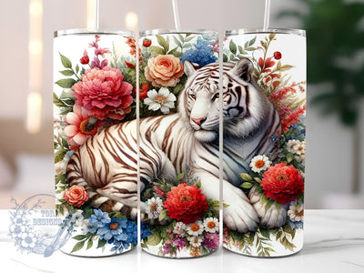 Floral White Tiger 20oz Skinny Tumbler Sublimation Design, White Tiger Tumbler Png, Straight & Tapered Tumbler Wrap, Instant Digital Download Sublimation ToriDesigns 
