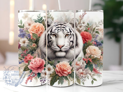 Floral White Tiger 20oz Skinny Tumbler Sublimation Design, White Tiger Tumbler Png, Straight & Tapered Tumbler Wrap, Instant Digital Download Sublimation ToriDesigns 