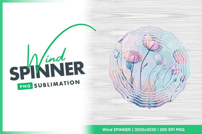 Floral Wind Spinner Png Design with Pastel Flowers on Wood Grain Background Sublimation Regulrcrative 