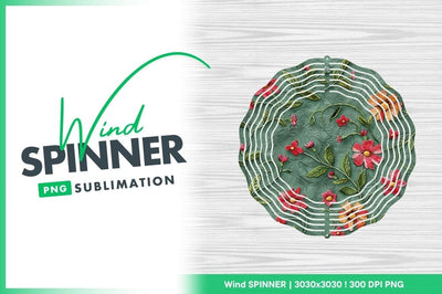 Floral Wind Spinner Round Png Design on Green with Red and Orange Flowers Sublimation Regulrcrative 