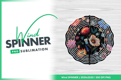Floral Wind Spinner Round Png Design with Black and White Wavy Border Sublimation Regulrcrative 