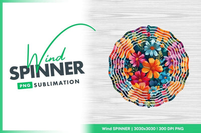 Floral Wind Spinner Round Png Design with Colorful Flowers on Wood Grain Background Sublimation Regulrcrative 