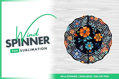 Floral Wind Spinner Round Png Design with Orange and Blue Flowers Sublimation Regulrcrative 