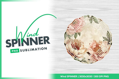 Floral Wind Spinner Round Png Design with Peonies and Wood Grain Background Sublimation Regulrcrative 