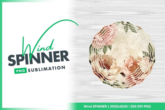 Floral Wind Spinner Round Png Design with Peonies and Wood Grain Background Sublimation Regulrcrative 
