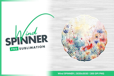 Floral Wind Spinner Round Png Design with Watercolor Flowers on Wood Grain Background 1 Sublimation Regulrcrative 