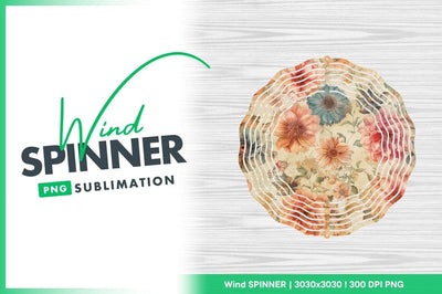 Floral Wind Spinner Round Png Design with Watercolor Flowers on Wood Grain Background Sublimation Regulrcrative 