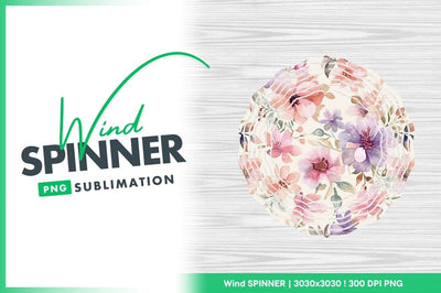 Floral Wind Spinner Round Png Design with Watercolor Flowers on Wood Grain Sublimation Regulrcrative 