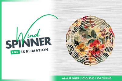 Floral Wind Spinner Round Png Design with White Wood Grain Background 1 Sublimation Regulrcrative 