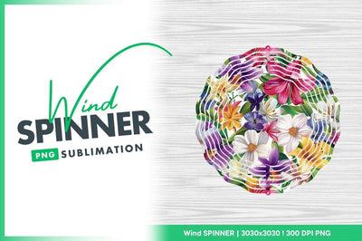 Floral Wind Spinner Round Png Sublimation Design on White Wood Texture Sublimation Regulrcrative 