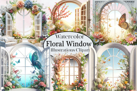 Floral Window Watercolor Clipart Bundle Sublimation SVGArt 