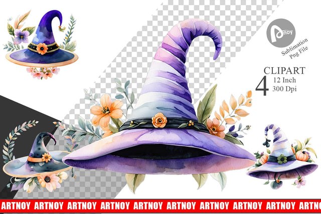 Floral Witch Hat Watercolor Clipart Sublimation artnoy 