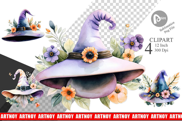 Floral Witch Hat Watercolor Clipart Sublimation artnoy 