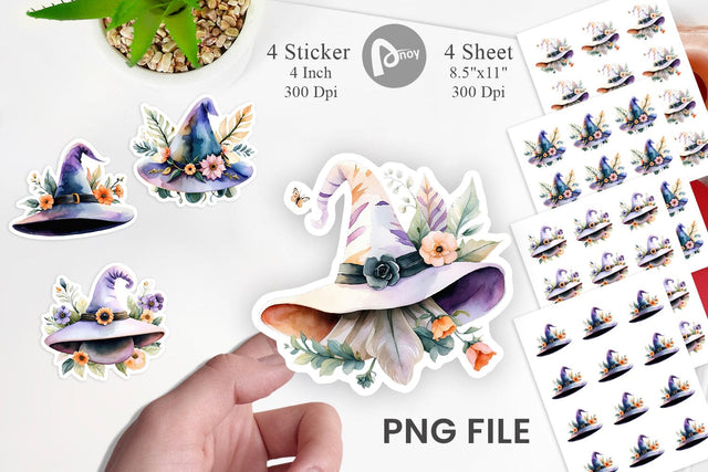 Floral Witch Hat Watercolor Sticker Sublimation artnoy 
