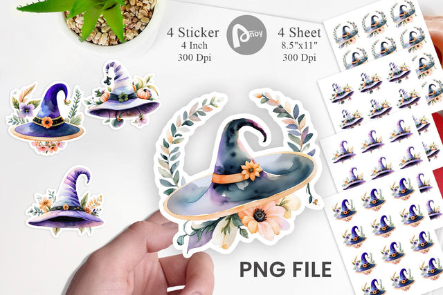 Floral Witch Hat Watercolor Sticker Sublimation artnoy 