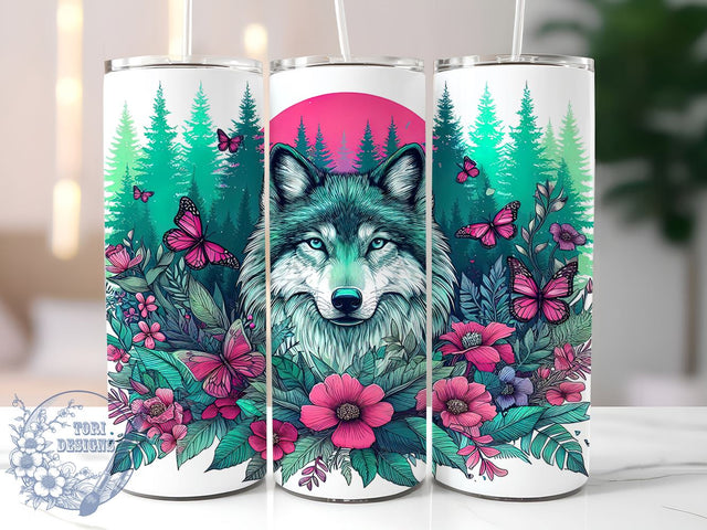 Floral Wolf 20oz Skinny Tumbler, Teal Pink Animal Tumbler Png, Straight & Tapered Tumbler Wrap, Instant Digital Download Sublimation ToriDesigns 