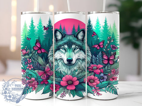 Floral Wolf 20oz Skinny Tumbler, Teal Pink Animal Tumbler Png, Straight & Tapered Tumbler Wrap, Instant Digital Download Sublimation ToriDesigns 