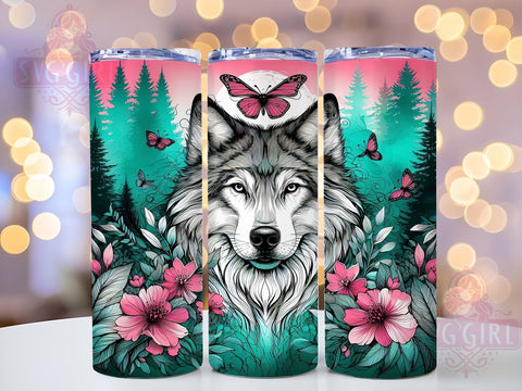 Floral Wolf 20oz Tumbler Wrap Sublimation Design, Straight Tapered Tumbler Wrap, Forest Wolves Butterflies Tumbler Png, Instant Digital Download Sublimation SvggirlplusArt 