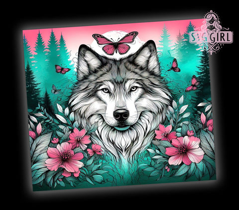 Floral Wolf 20oz Tumbler Wrap Sublimation Design, Straight Tapered Tumbler Wrap, Forest Wolves Butterflies Tumbler Png, Instant Digital Download Sublimation SvggirlplusArt 