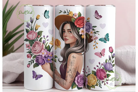 Floral Woman Portrait Tumbler Wrap Sublimation PixelChick 