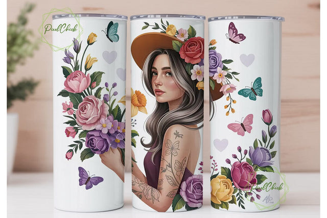 Floral Woman Portrait Tumbler Wrap Sublimation PixelChick 